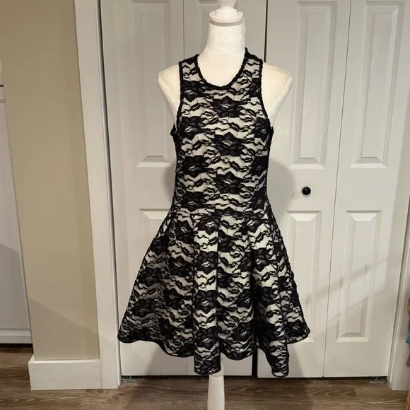 black lace dress with white underlay Nude and Black Lace Gown